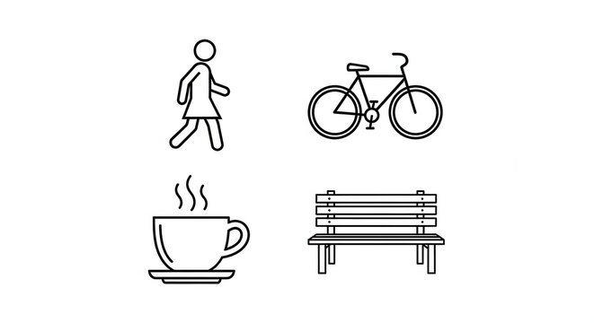 Icons: Walking, Cycling, Coffee, Bench - Urban Lifestyle and Recreation Elements