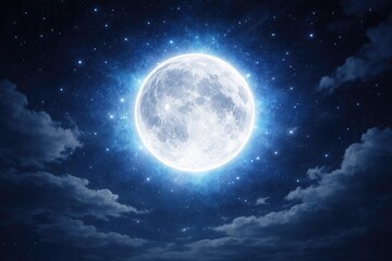 Fototapeta premium Blue night sky featuring a glowing full supermoon with a sparkling halo