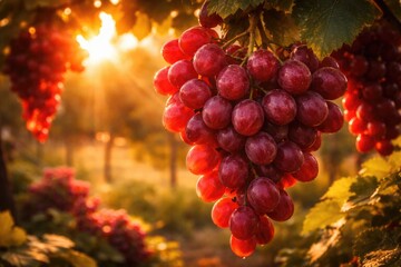 Fototapeta premium Bright crimson seedless grapes basking in warm sunset light within a garden scene
