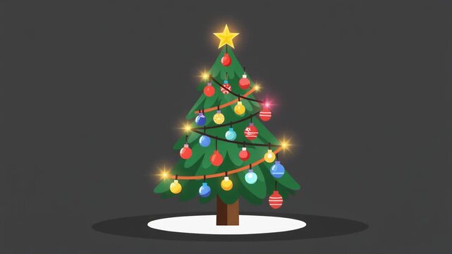 Animated flat vector illustration of a decorated Christmas tree with colorful ornaments and glowing lights, festive holiday motion graphic.