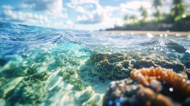 coral island shoreline, waves gently lapping over coral reefs, generative ai