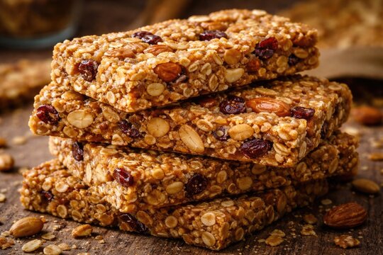 Closeup of crunchy granola bars stacked to highlight wholesome ingredients