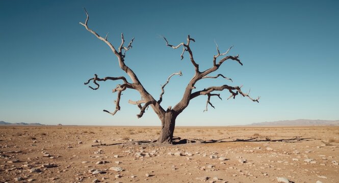 Withered tree isolated on a parched desert plain with clear sky