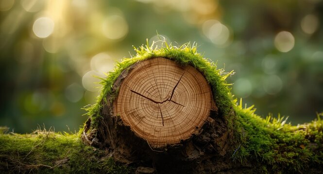 Textured wooden log covered in vibrant moss ideal for product presentation backdrops