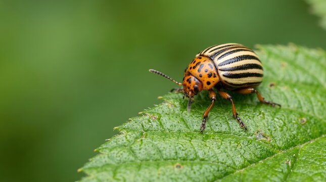 Colorado potato beetle with striped shell crawling on green leaf macro