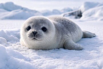 Naklejka premium Adorable Weddell seal pup resting on snowy icy ground in chilly polar habitat