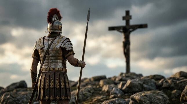 Roman soldier with spear and armor standing on a rocky hill looking at Jesus on the cross