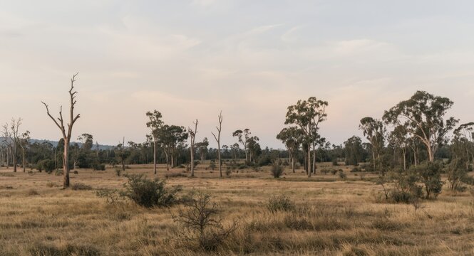 Open bush field with scattered eucalyptus trees under soft sky