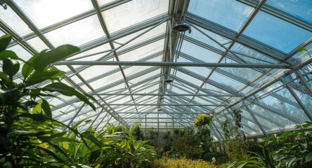 Fototapeta premium Translucent polycarbonate greenhouse roof with vibrant foliage and sunlight for enhanced plant growth