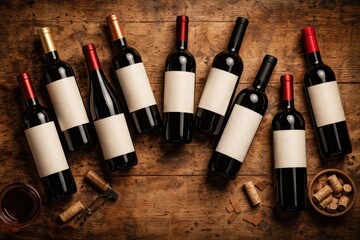Obraz premium Top view of assorted red wine bottles arranged on rustic wooden table with blank labels and copy space