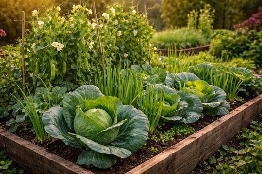 Companion planting in a raised garden bed with cabbage, peas, and onions thriving together