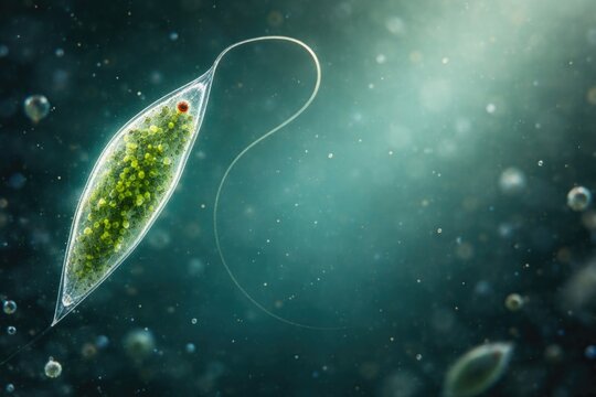 Euglena Organism Swimming in Aquatic Environment with Copy Space