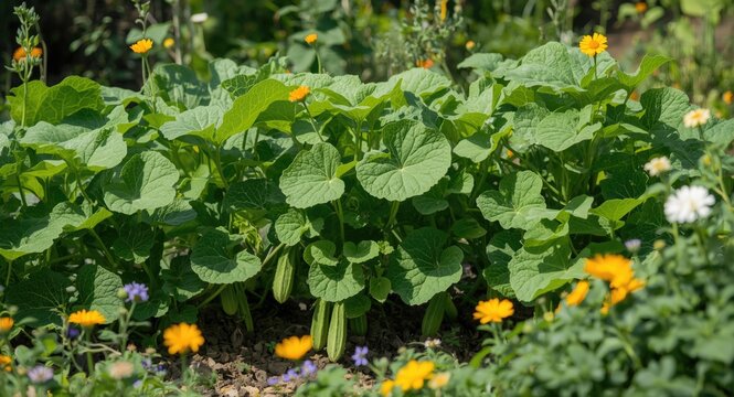 Healthy cucumber plants growing vigorously in a sunlit garden surrounded by vivid greenery and flowers