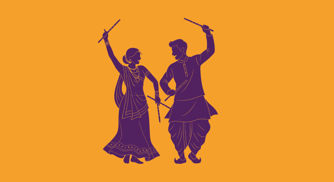 Indian couple dancing Garba with dandiya sticks, festive celebration, cultural event