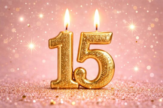 Gold Number 15 Candle Burning on Sparkling Pink Background