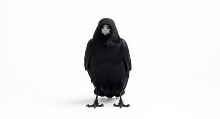 Obraz premium Mysterious black raven standing tall on pure white surface with intense posture