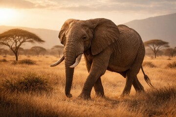 Fototapeta premium Majestic elephant wandering peacefully across the sunlit savannah plains