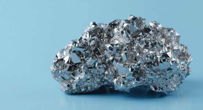 Metallic niobium sample showcasing distinct crystal pattern isolated against a gentle blue background