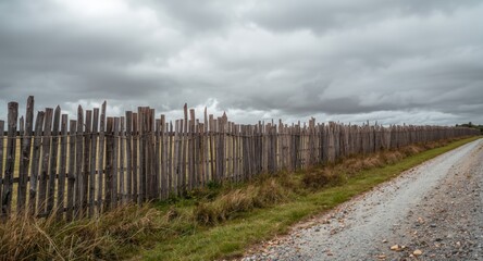 Fototapeta premium Texture rich rustic wood fence by gravel road with intense cloudy atmosphere