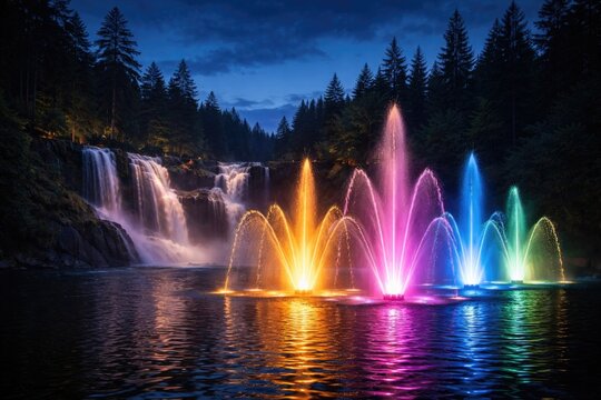 Vibrant fountains glowing over water near cascading falls at twilight with dark blue sky and tree silhouettes
