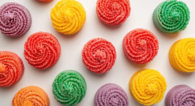 Indonesian YUPI sweets in vibrant hues arranged on a bright white backdrop