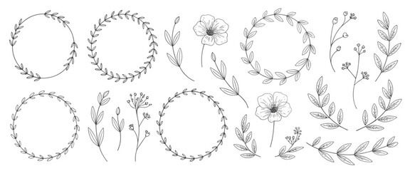 Hand Drawn Floral Wreaths and Botanical Elements leaves © Omroy