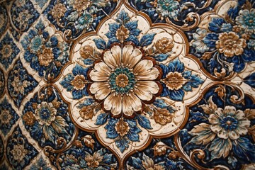 Fototapeta premium Close up of a traditional floral mosaic wall made of ceramic tiles in blue and brown shades