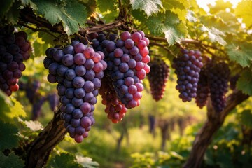 Fototapeta premium Ripe Grapes Hanging on Vine in Lush Vineyard at Sunset