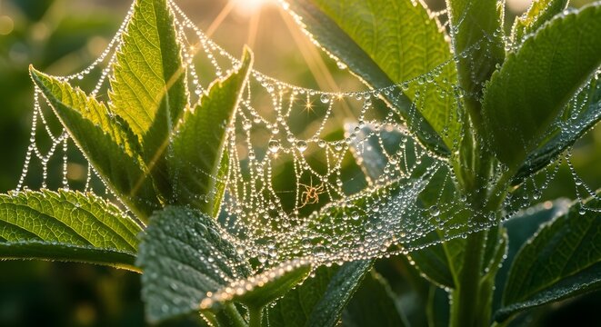Dew Covered Spider Web Among Green Leaves