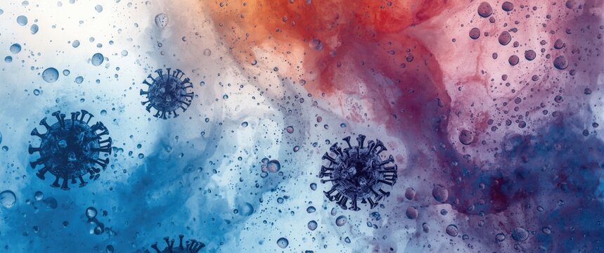 Watercolor art showing virus forms and droplets within dynamic fluid environment