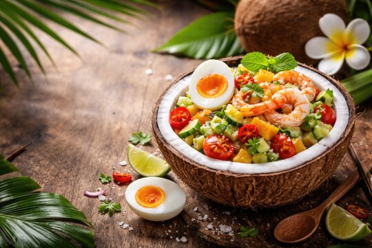 Tropical coconut salad with salted eggs and copy space for text