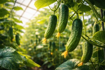 Fototapeta premium Young cucumbers hanging from green vines in a lively greenhouse