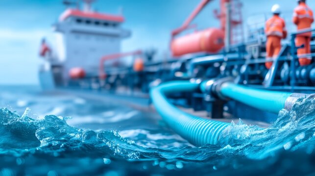 Tanker Refueling Operation at Sea Midaction Moment with Crew and Equipment