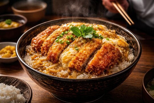 Traditional Katsudon Japanese pork and egg bowl prepared by expert chef