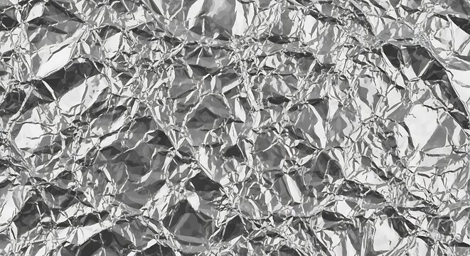 Crumpled aluminum foil texture background with abstract metallic reflections pattern