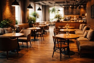 Fototapeta premium Customer seating area in coffee shop with ample copy space for text