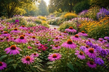 Obraz premium A colorful garden with blooming pink and purple coneflowers captured from a broad viewpoint