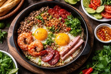 Fototapeta premium Overhead view of a Vietnamese fried egg dish with fresh garnishes and rich protein