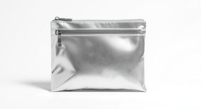 Zippered sleek silver doypack pouch with polished metallic finish on white background