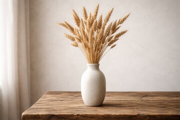 Fototapeta premium Elegant dried wheat stalks in a white ceramic vase on rustic wooden table with minimalist white wall backdrop