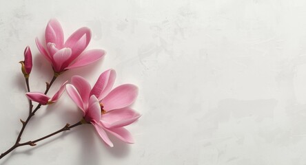 Obraz premium Pink magnolia flowers positioned on a gentle shadow white textured backdrop with copy space