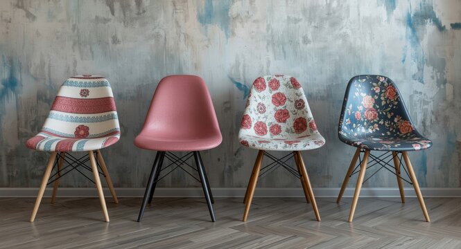 Four chairs in a mixed style and colorful arrangement
