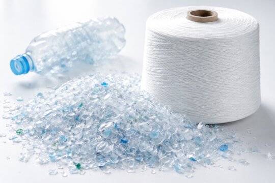 Crushed plastic bottle flakes with white polyester yarn spool on a clean surface