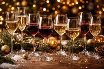 Fototapeta premium Festive holiday display of elegant wine glasses with assorted red and white wines