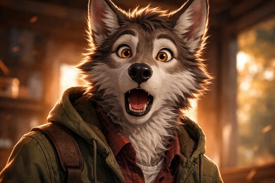 Illustrated anthropomorphic wolf character with astonished expression in casual clothes