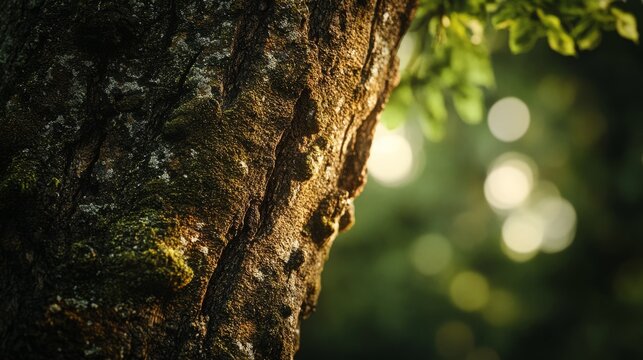 giant kauri tree bark with moss and lichen textures, soft forest light, generative ai