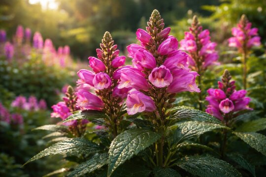 Bright pink Chelone lyonii perennial flower blooming in a lush outdoor garden