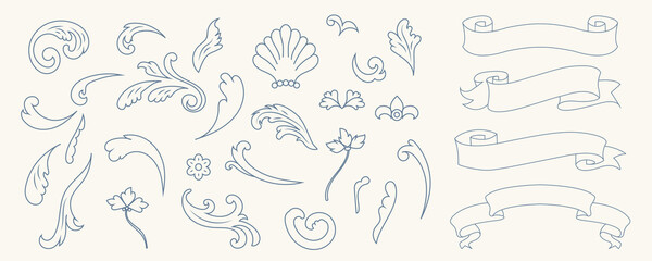 Obraz premium Vintage rococo floral ornaments and decorative scroll ribbons set