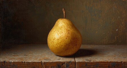 Fototapeta premium Still life of a ripe pear on a rustic wooden surface highlighting detailed texture and color
