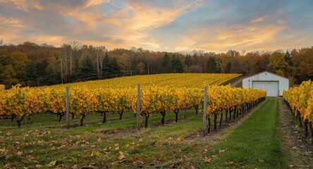 Fototapeta premium Yellow leaf vineyard under fall skies featuring a closed shed and seasonal atmosphere